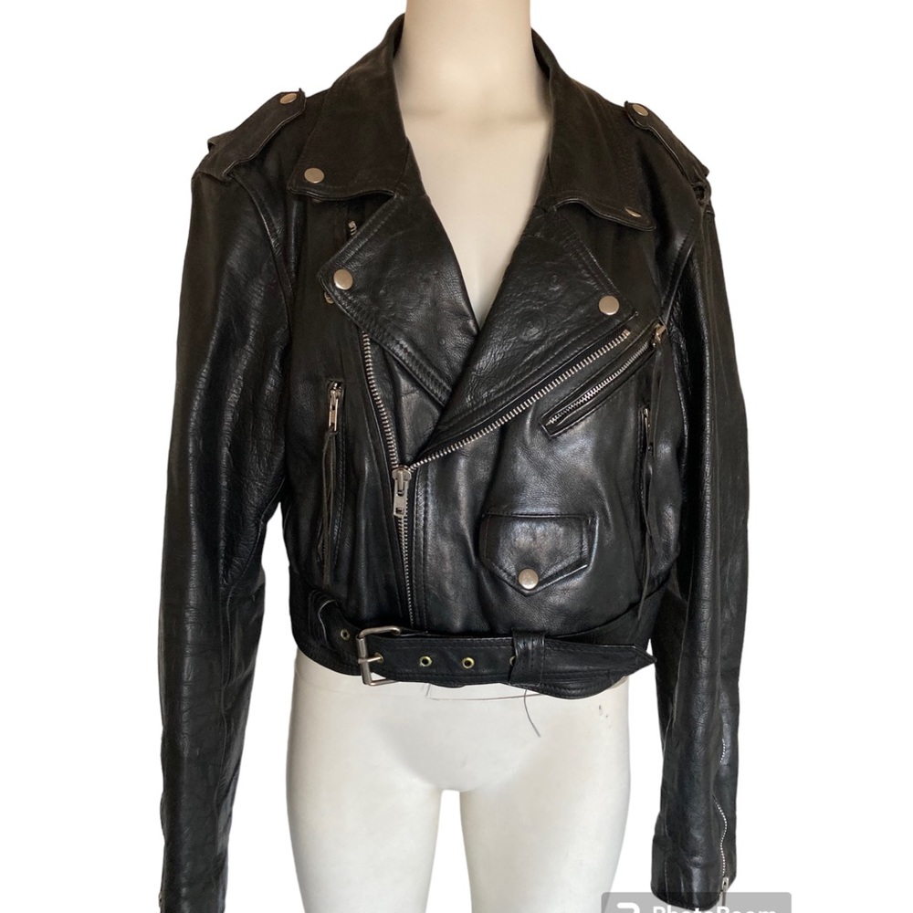 Vintage 80’s Distressed LONDON BLE Black Leather Cropped Motorcycle Jacket Sz XL - Picture 4 of 12